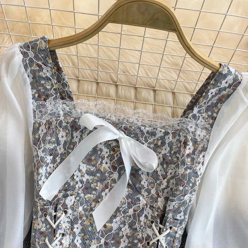 YuooMuoo Ins Fashion Floral Print Mesh Patchwork Blouses Shirts Autumn Women Vintage Bandage Slim Waist Gothic Lace Tops Blusas - MAGUSTA BEAUTY