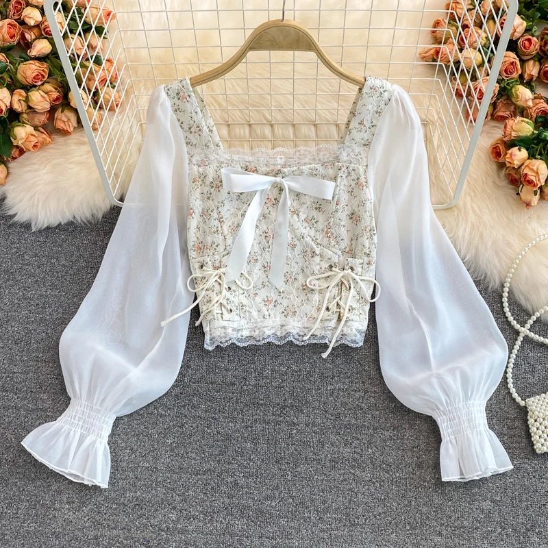 YuooMuoo Ins Fashion Floral Print Mesh Patchwork Blouses Shirts Autumn Women Vintage Bandage Slim Waist Gothic Lace Tops Blusas - MAGUSTA BEAUTY