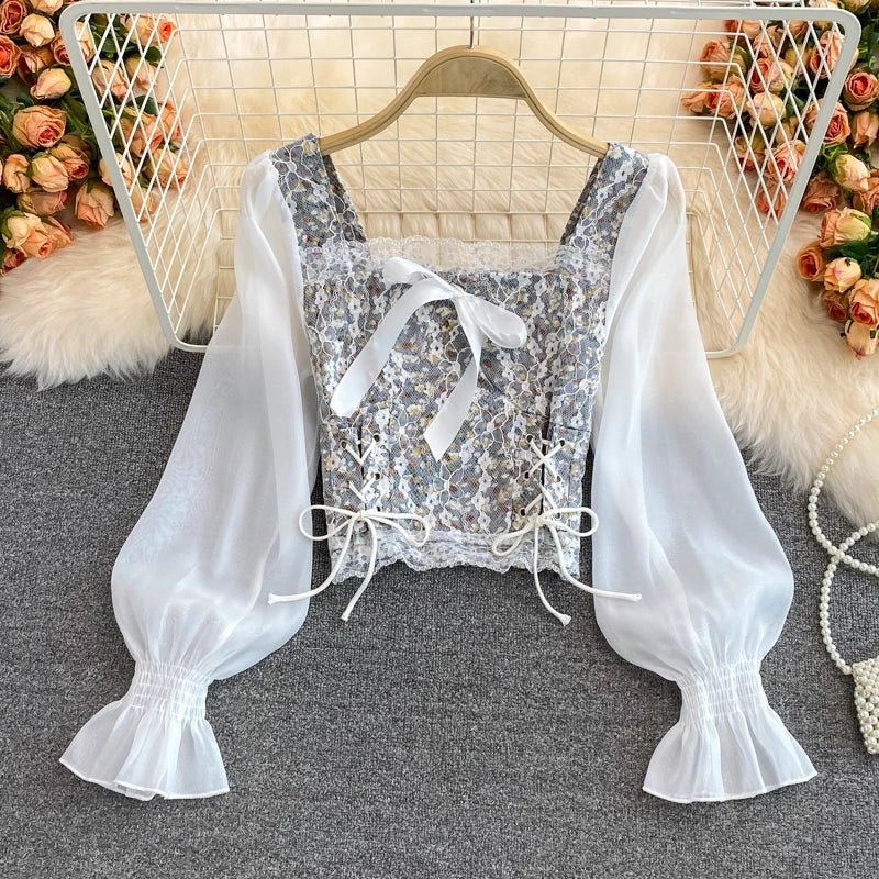 YuooMuoo Ins Fashion Floral Print Mesh Patchwork Blouses Shirts Autumn Women Vintage Bandage Slim Waist Gothic Lace Tops Blusas - MAGUSTA BEAUTY