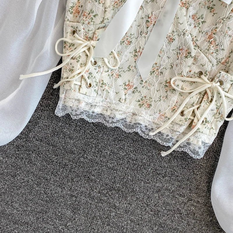 YuooMuoo Ins Fashion Floral Print Mesh Patchwork Blouses Shirts Autumn Women Vintage Bandage Slim Waist Gothic Lace Tops Blusas - MAGUSTA BEAUTY