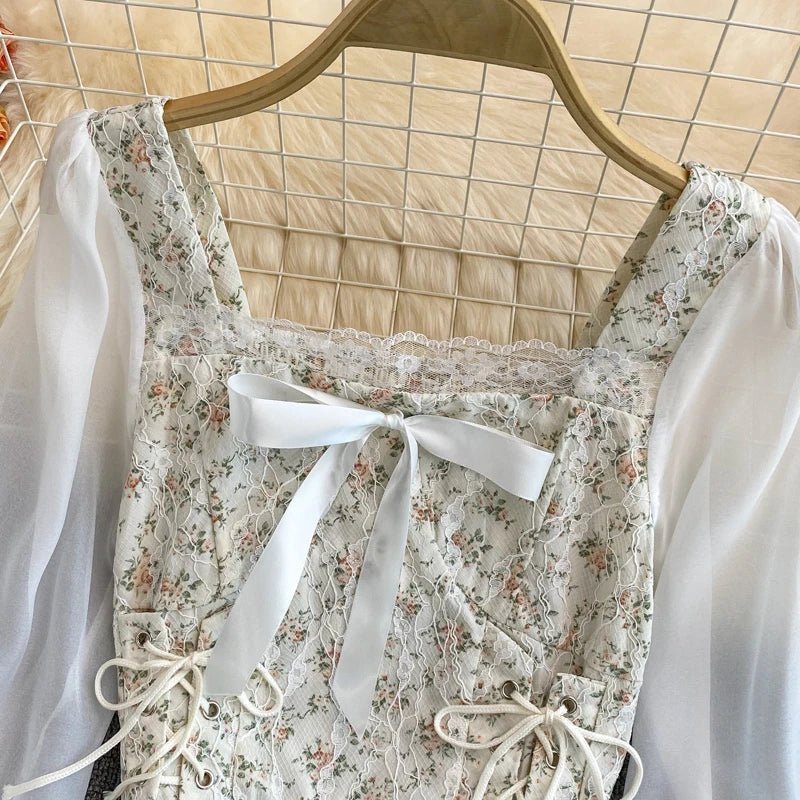 YuooMuoo Ins Fashion Floral Print Mesh Patchwork Blouses Shirts Autumn Women Vintage Bandage Slim Waist Gothic Lace Tops Blusas - MAGUSTA BEAUTY