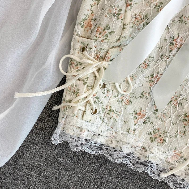 YuooMuoo Ins Fashion Floral Print Mesh Patchwork Blouses Shirts Autumn Women Vintage Bandage Slim Waist Gothic Lace Tops Blusas - MAGUSTA BEAUTY
