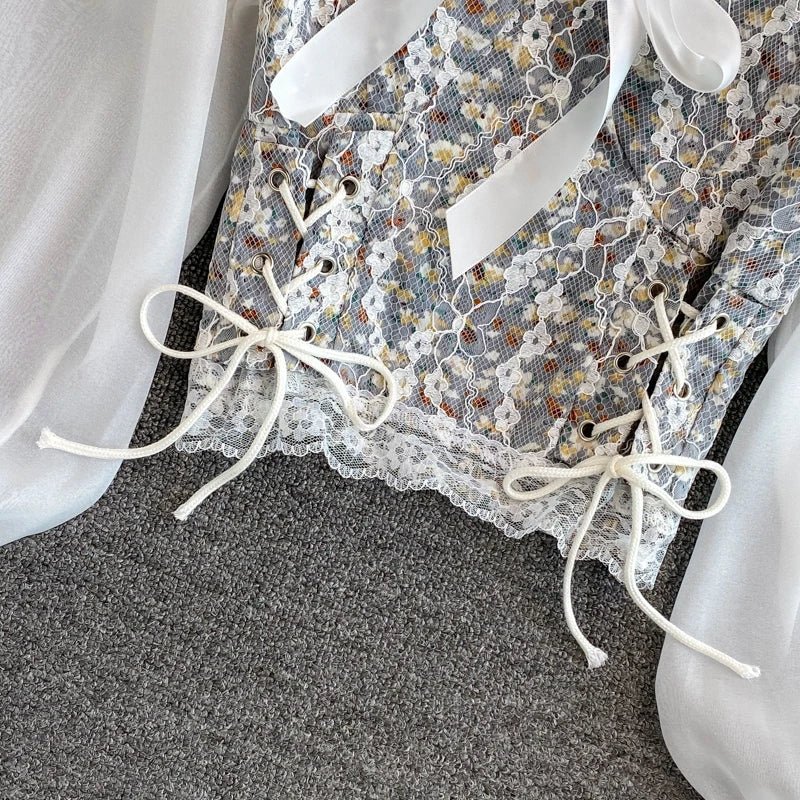 YuooMuoo Ins Fashion Floral Print Mesh Patchwork Blouses Shirts Autumn Women Vintage Bandage Slim Waist Gothic Lace Tops Blusas - MAGUSTA BEAUTY
