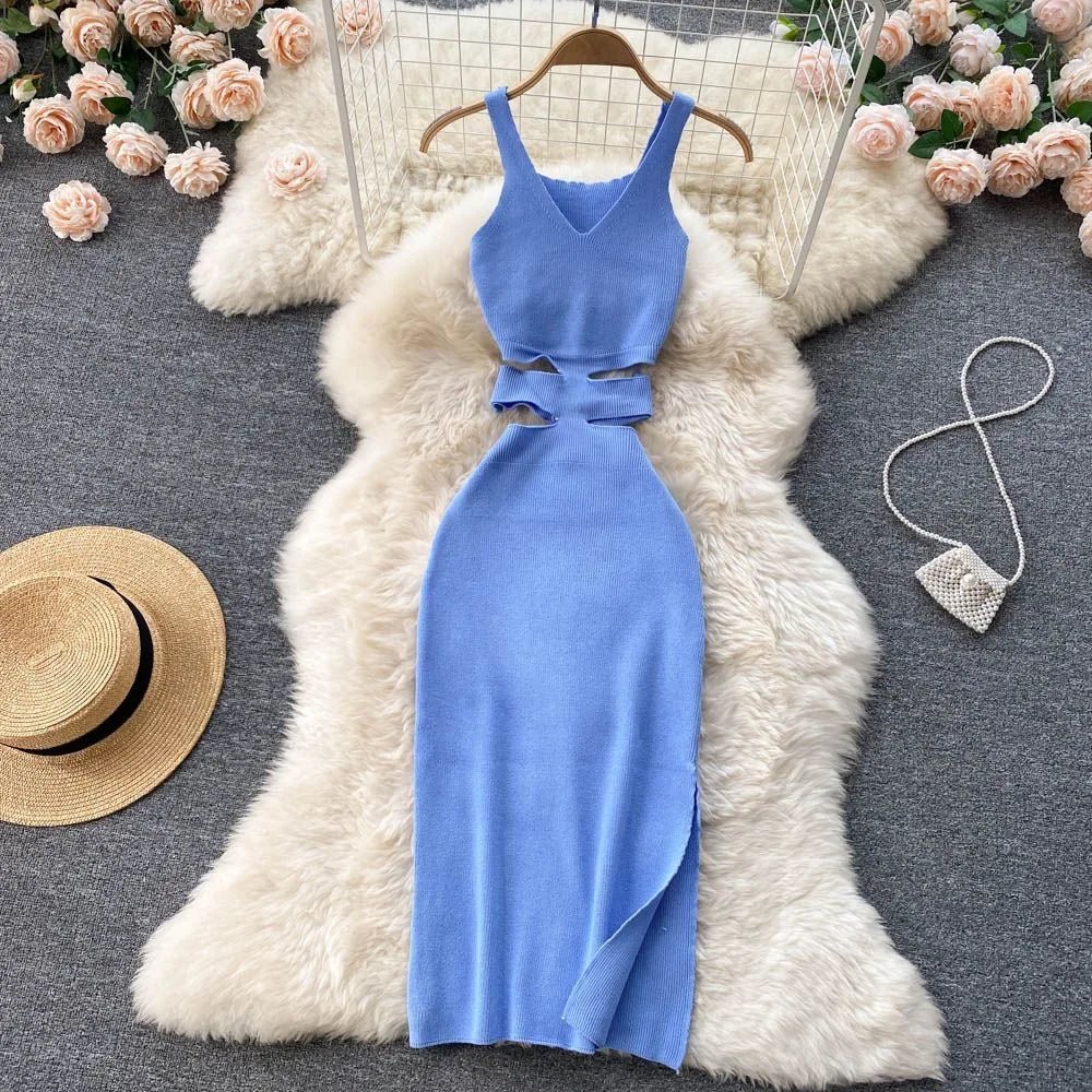 YuooMuoo Women Dress Sexy Cut Out Waist Package Hips Split Bodycon Dress Summer Fashion Lady Knitted Party Vestidos Sundress - MAGUSTA BEAUTY