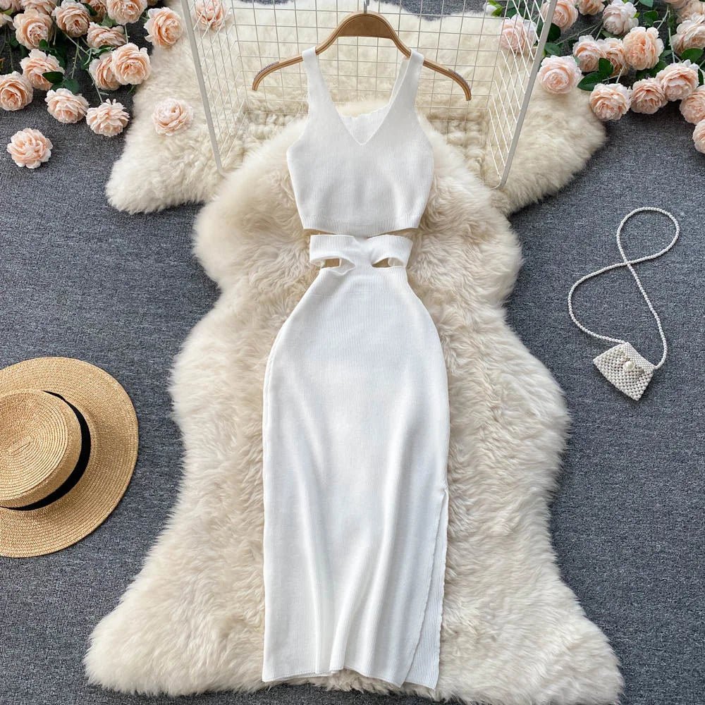 YuooMuoo Women Dress Sexy Cut Out Waist Package Hips Split Bodycon Dress Summer Fashion Lady Knitted Party Vestidos Sundress - MAGUSTA BEAUTY