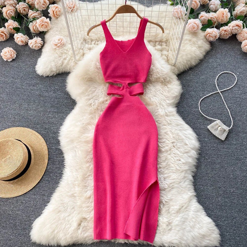 YuooMuoo Women Dress Sexy Cut Out Waist Package Hips Split Bodycon Dress Summer Fashion Lady Knitted Party Vestidos Sundress - MAGUSTA BEAUTY