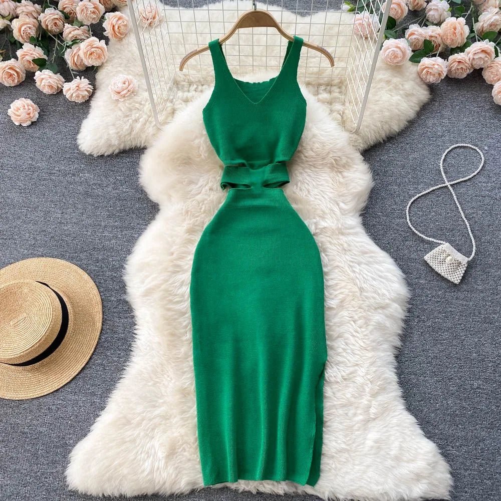 YuooMuoo Women Dress Sexy Cut Out Waist Package Hips Split Bodycon Dress Summer Fashion Lady Knitted Party Vestidos Sundress - MAGUSTA BEAUTY