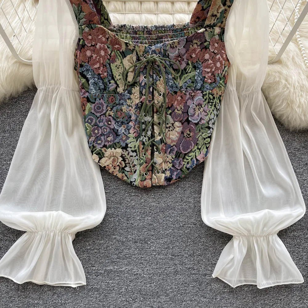 YuooMuoo Women Tops 2025 Spring Retro Y2K Rose Flower Print Long Sleeve Gothic Shirts Fashion Irregular Bandage Party Blouses - MAGUSTA BEAUTY
