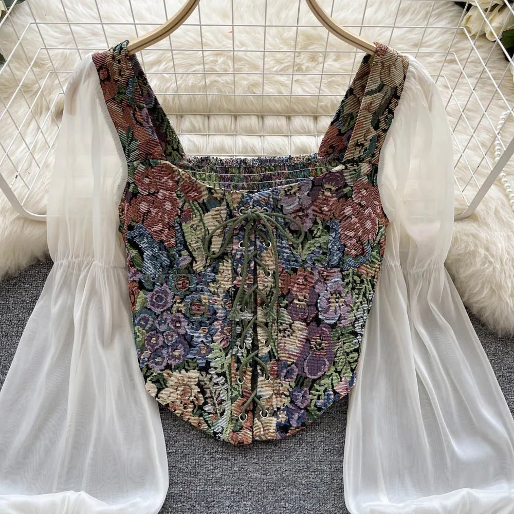 YuooMuoo Women Tops 2025 Spring Retro Y2K Rose Flower Print Long Sleeve Gothic Shirts Fashion Irregular Bandage Party Blouses - MAGUSTA BEAUTY