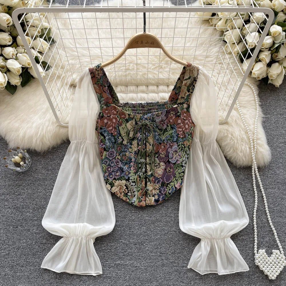 YuooMuoo Women Tops 2025 Spring Retro Y2K Rose Flower Print Long Sleeve Gothic Shirts Fashion Irregular Bandage Party Blouses - MAGUSTA BEAUTY