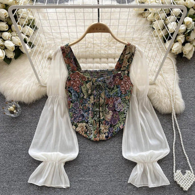 YuooMuoo Women Tops 2025 Spring Retro Y2K Rose Flower Print Long Sleeve Gothic Shirts Fashion Irregular Bandage Party Blouses - MAGUSTA BEAUTY
