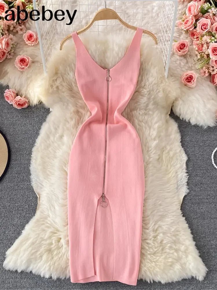 Zipple 2023 Sexy Summer Knit Strap Dress Women Tank Elatic Waist Bodycon Sundress Female Beach Split Backless Midi Dress - MAGUSTA BEAUTY