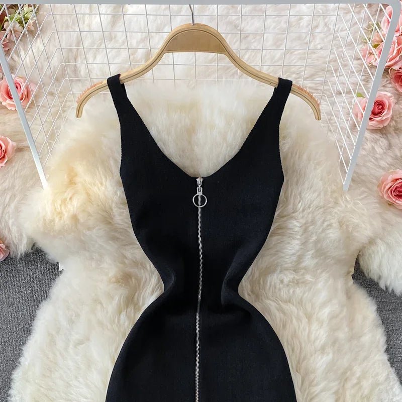 Zipple 2023 Sexy Summer Knit Strap Dress Women Tank Elatic Waist Bodycon Sundress Female Beach Split Backless Midi Dress - MAGUSTA BEAUTY