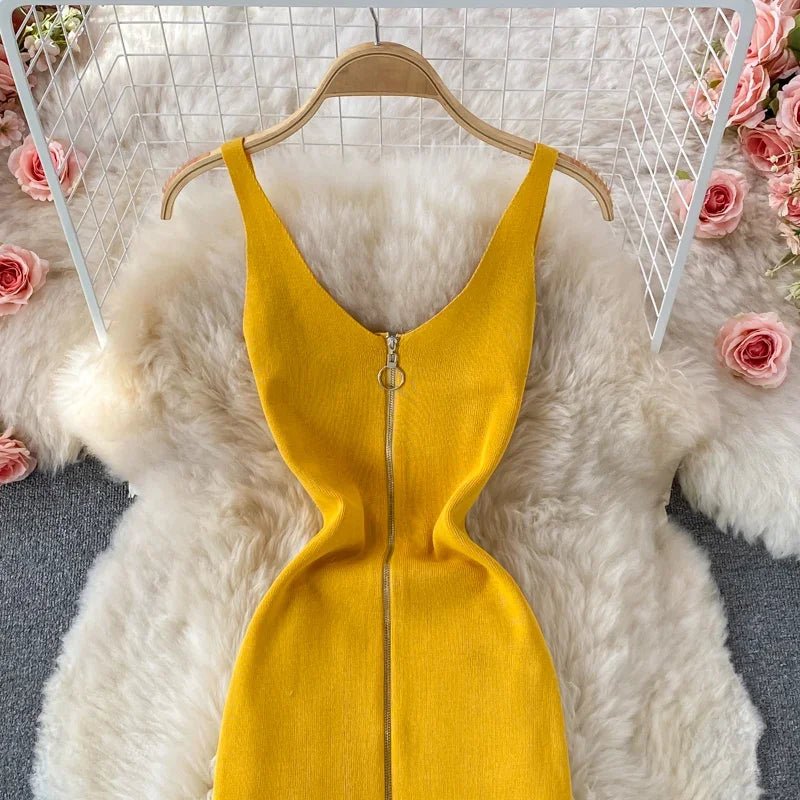 Zipple 2023 Sexy Summer Knit Strap Dress Women Tank Elatic Waist Bodycon Sundress Female Beach Split Backless Midi Dress - MAGUSTA BEAUTY