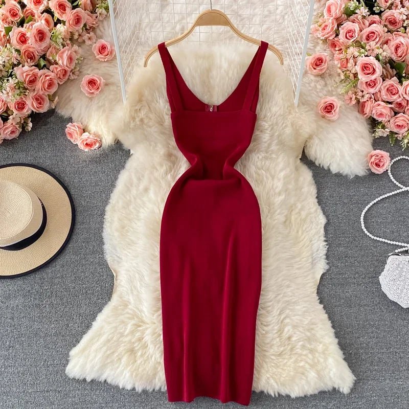 Zipple 2023 Sexy Summer Knit Strap Dress Women Tank Elatic Waist Bodycon Sundress Female Beach Split Backless Midi Dress - MAGUSTA BEAUTY