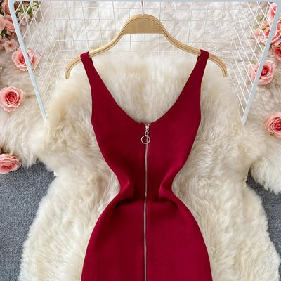 Zipple 2023 Sexy Summer Knit Strap Dress Women Tank Elatic Waist Bodycon Sundress Female Beach Split Backless Midi Dress - MAGUSTA BEAUTY