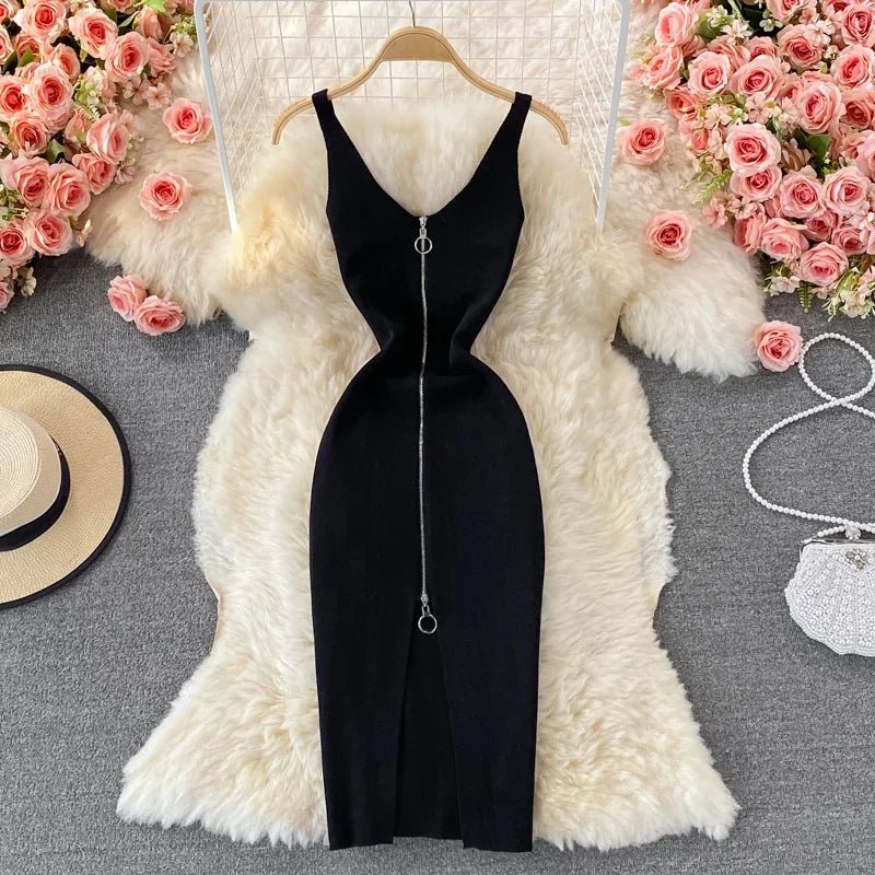 Zipple 2023 Sexy Summer Knit Strap Dress Women Tank Elatic Waist Bodycon Sundress Female Beach Split Backless Midi Dress - MAGUSTA BEAUTY