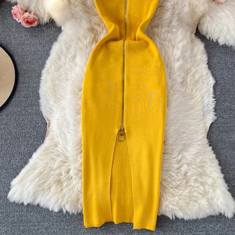 Zipple 2023 Sexy Summer Knit Strap Dress Women Tank Elatic Waist Bodycon Sundress Female Beach Split Backless Midi Dress - MAGUSTA BEAUTY