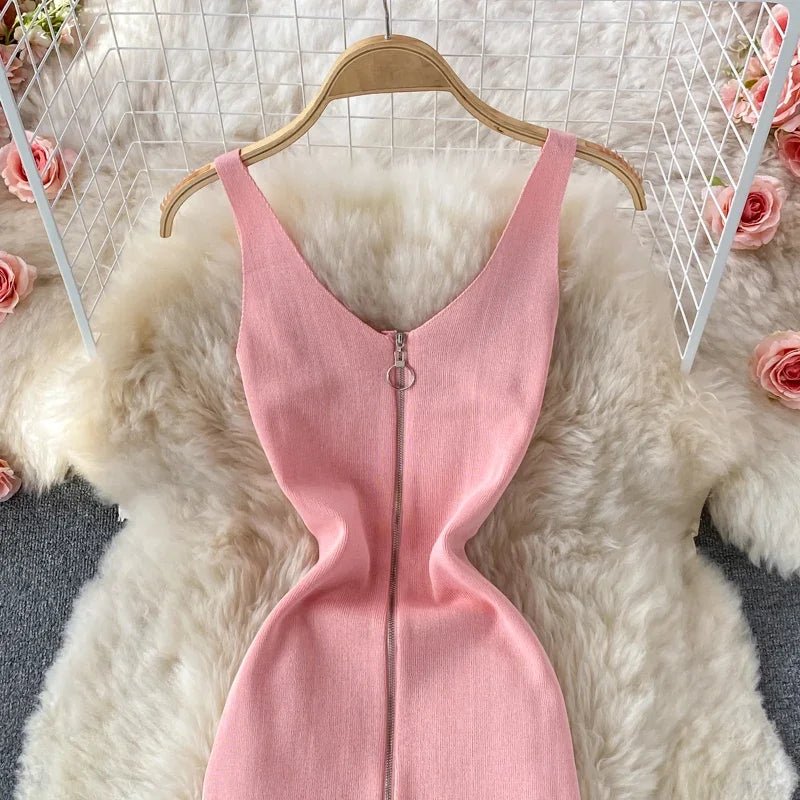 Zipple 2023 Sexy Summer Knit Strap Dress Women Tank Elatic Waist Bodycon Sundress Female Beach Split Backless Midi Dress - MAGUSTA BEAUTY