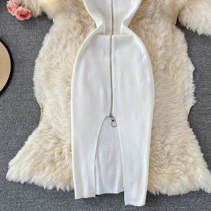 Zipple 2023 Sexy Summer Knit Strap Dress Women Tank Elatic Waist Bodycon Sundress Female Beach Split Backless Midi Dress - MAGUSTA BEAUTY