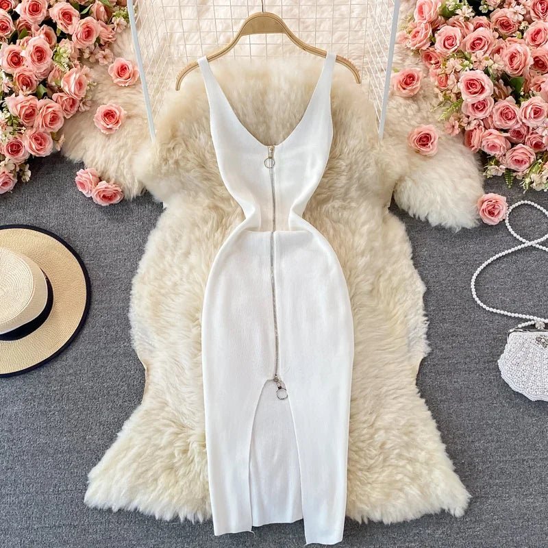 Zipple 2023 Sexy Summer Knit Strap Dress Women Tank Elatic Waist Bodycon Sundress Female Beach Split Backless Midi Dress - MAGUSTA BEAUTY