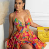 Znaiml Women's Halter Sleeveless V-neck Backless Cut out Ruffles Floral Print Mini Dress A-line Summer Vacation Beach Outfit - MAGUSTA BEAUTY