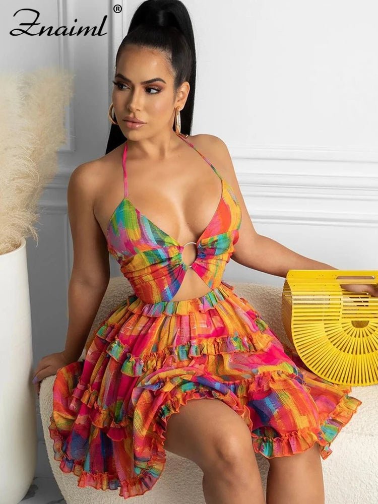 Znaiml Women's Halter Sleeveless V-neck Backless Cut out Ruffles Floral Print Mini Dress A-line Summer Vacation Beach Outfit - MAGUSTA BEAUTY