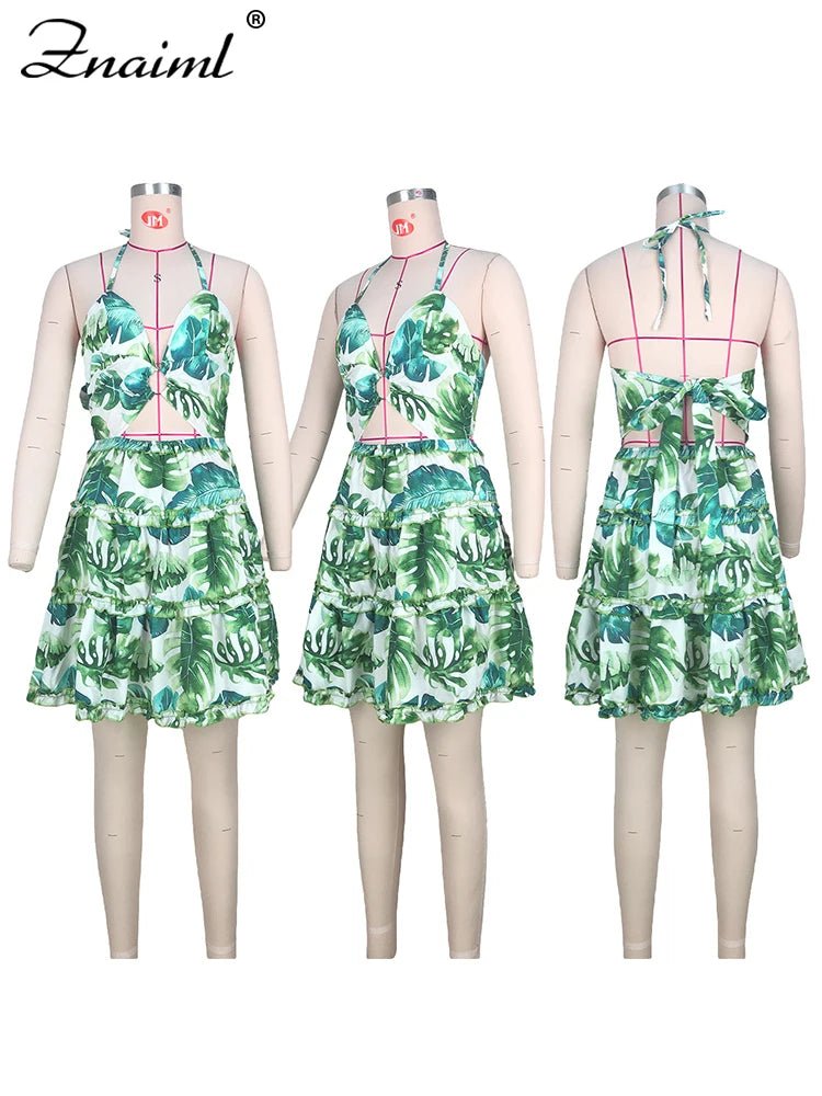 Znaiml Women's Halter Sleeveless V-neck Backless Cut out Ruffles Floral Print Mini Dress A-line Summer Vacation Beach Outfit - MAGUSTA BEAUTY