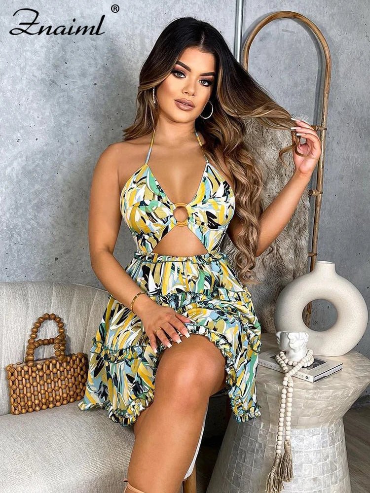 Znaiml Women's Halter Sleeveless V-neck Backless Cut out Ruffles Floral Print Mini Dress A-line Summer Vacation Beach Outfit - MAGUSTA BEAUTY