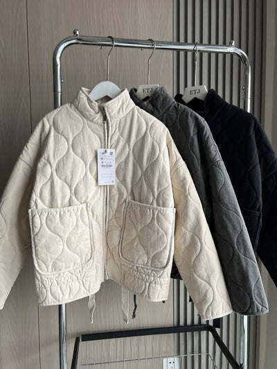 ZW Women's Cotton Jacket 2025 New Arrival Vintage Lenzing Rayon High Collar Large Pocket Decorative Quilted Coat for Women - MAGUSTA BEAUTY